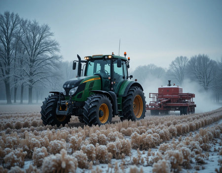 Tractor with a sprayer on a snowy field in winter.の素材
