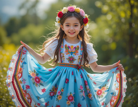 portrait of a little girl in a Ukrainian national dress in the fieldの素材