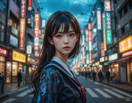 beautiful asian japanese girl crossing the street at nightの素材