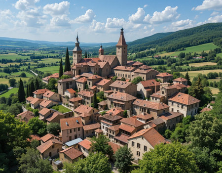 Aerial view of the medieval village of Brescia, Lombardy, Italyの素材