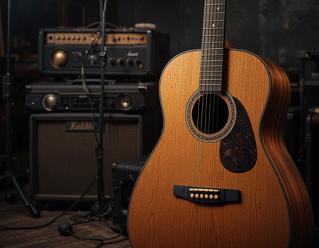 Guitar and amplifier in the recording studio on a dark backgroundの素材