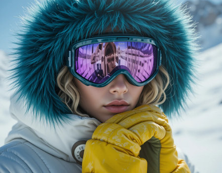 Portrait of a beautiful girl in a ski suit and goggles.の素材