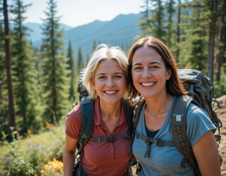 Portrait of two smiling women hiking in the mountains on a sunny dayの素材