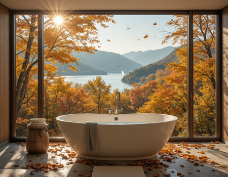 Bathroom with a view of the lake and mountains in autumnの素材
