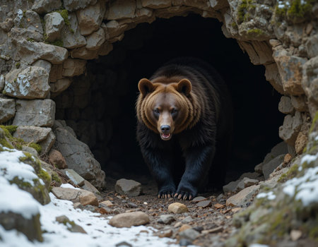Brown bear in the cave. Wildlife scene from european natureの素材