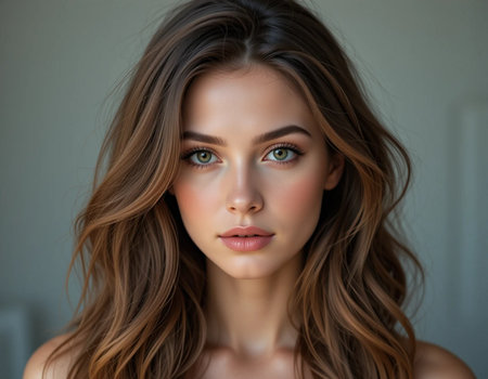 Portrait of a beautiful young woman with long brown hair, natural make-upの素材