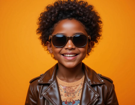 Portrait of smiling African American girl in leather jacket and sunglassesの素材