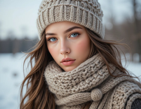 Winter portrait of young beautiful woman in knitted hat and scarf.の素材