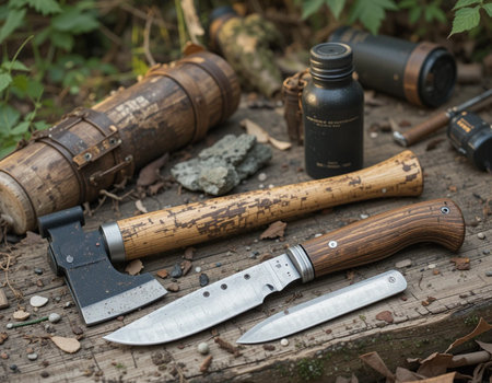 Hunting knife, hunting equipment and binoculars on wooden backgroundの素材