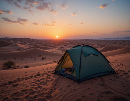 Camping tent in the desert at sunset. Travel and adventure concept.の素材