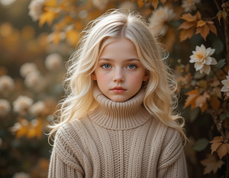 Portrait of a beautiful blonde girl in a knitted sweater.の素材
