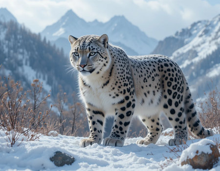 Snow leopard (Panthera pardus) in the mountainsの素材
