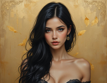 Beautiful young woman with long black hair and makeup on a golden backgroundの素材