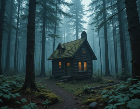 Wooden cottage in the woods in a mysterious foggy morning.の素材