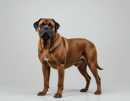 Studio shot of a Rhodesian Bulldog standing on gray background.の素材