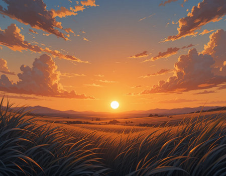 Beautiful sunset in the meadow. 3d render illustration.の素材