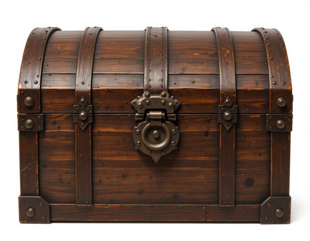 Old wooden chest isolated on white background. Clipping path included.の素材