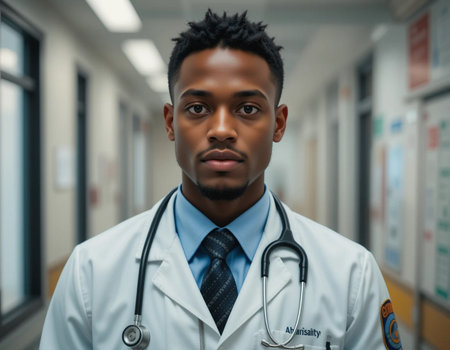 Portrait of serious African American male doctor in hospital corridorの素材