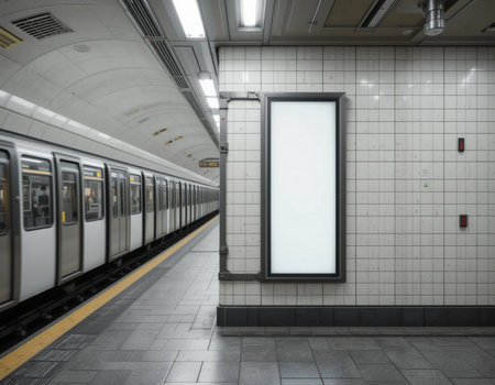 Blank billboard on subway station with train in background, ready for your designの素材