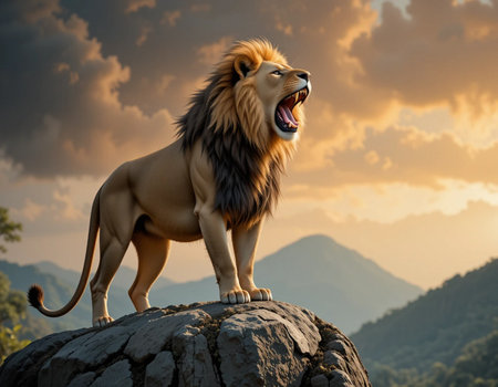 Lion standing on a rock and yawning at sunset in the backgroundの素材