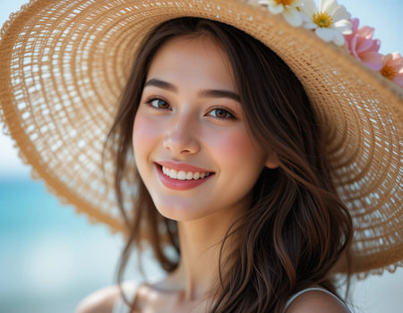 portrait of beautiful young Asian woman in hat on the beachの素材