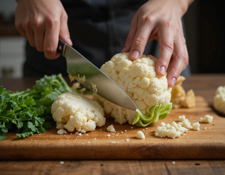 young woman in a gray apron cuts cauliflower on a cutting boardの素材