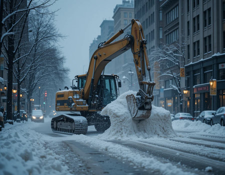 Snowplow in the city during a heavy snowfall in winterの素材