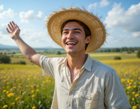 Portrait of happy young man in straw hat standing in blooming fieldの素材