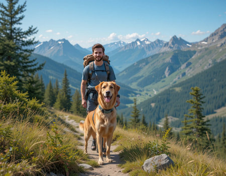 Hiker with a dog in the mountains. Travel with a pet.の素材