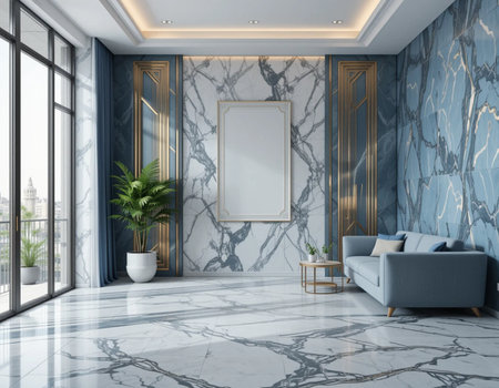 Modern living room interior with blue marble walls, tiled floor, comfortable blue sofa and framed vertical poster. 3d rendering mock upの素材