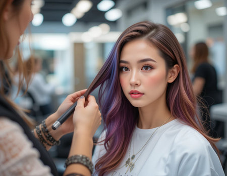 Beautiful asian woman with long purple hair in the beauty salonの素材