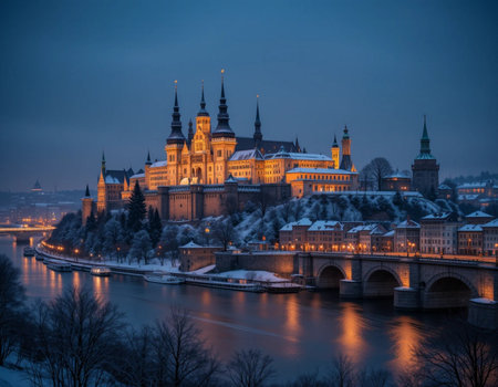 Charles Bridge and Old Town of Prague at night, Czech Republic.の素材