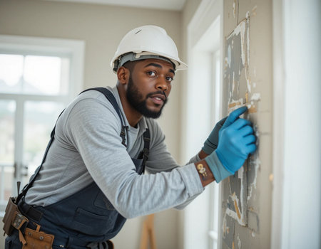 Serious african-american construction worker leaning on wall with plasterの素材