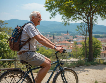 Side view of a senior man riding a bicycle on a sunny dayの素材