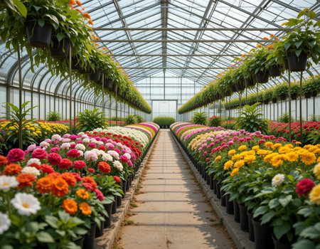 Flower garden with many colorful flowers in the greenhouse, stock photoの素材