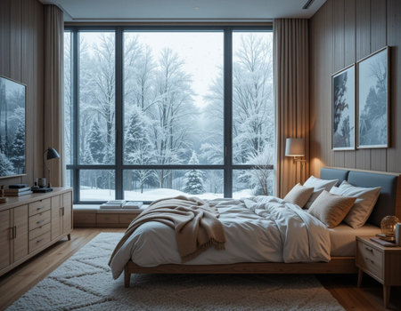 3d rendering cozy bedroom in winter with snow and forest view.の素材