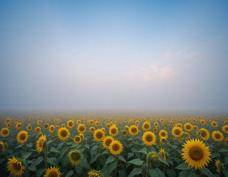Sunflower field with cloudy blue sky background. Natural summer landscape.の素材