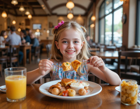 Adorable little girl having breakfast in a cafe. Cute child eating breakfast.の素材