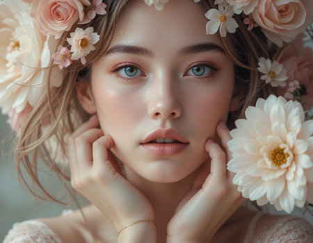 Beautiful young woman with flowers in her hair. Portrait of a girl in a wreath of flowersの素材