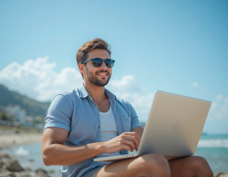 Handsome young man working on laptop computer while sitting on the beachの素材