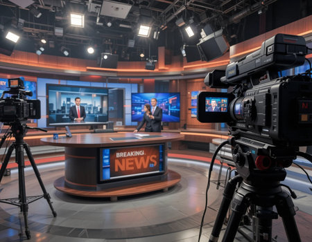 TV studio with professional video camera. News, broadcasting and technology conceptの素材
