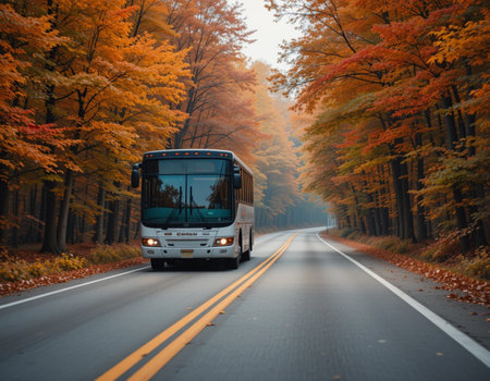Bus driving along the road in the autumn forest. Travel and transport concept.の素材
