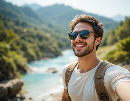 Portrait of a handsome young man taking selfie in the mountains.の素材