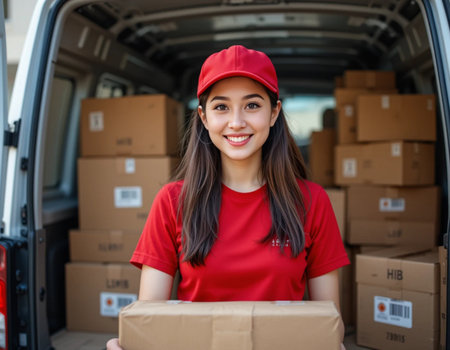 Smiling delivery woman in red uniform holding parcel box in front of vanの素材