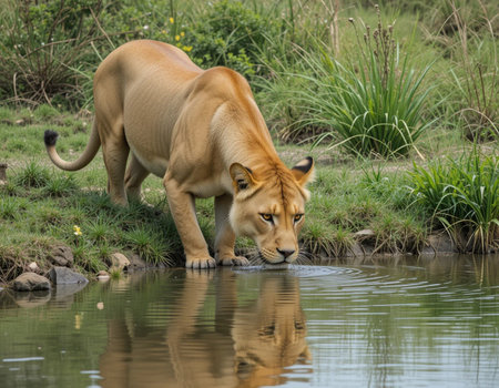 Lioness drinking at a waterhole in Serengeti National Park, Tanzaniaの素材