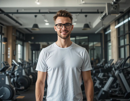 portrait of smiling young man in eyeglasses looking at camera in gymの素材