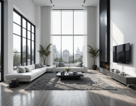 Modern living room interior with a panoramic window overlooking the city. 3d renderingの素材