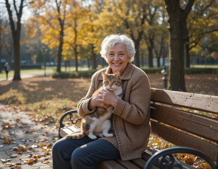 Elderly woman sitting on a bench with her cat in the parkの素材