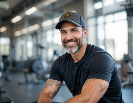 Portrait of smiling man in cap sitting on exercise bike in gymの素材