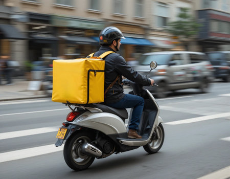 A delivery man on a scooter with a package in his handの素材